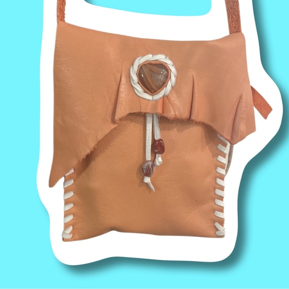 Boho Bespoke Leather Coral & Carnelian Heart Crossbody Handbag - Picture 3 of 5